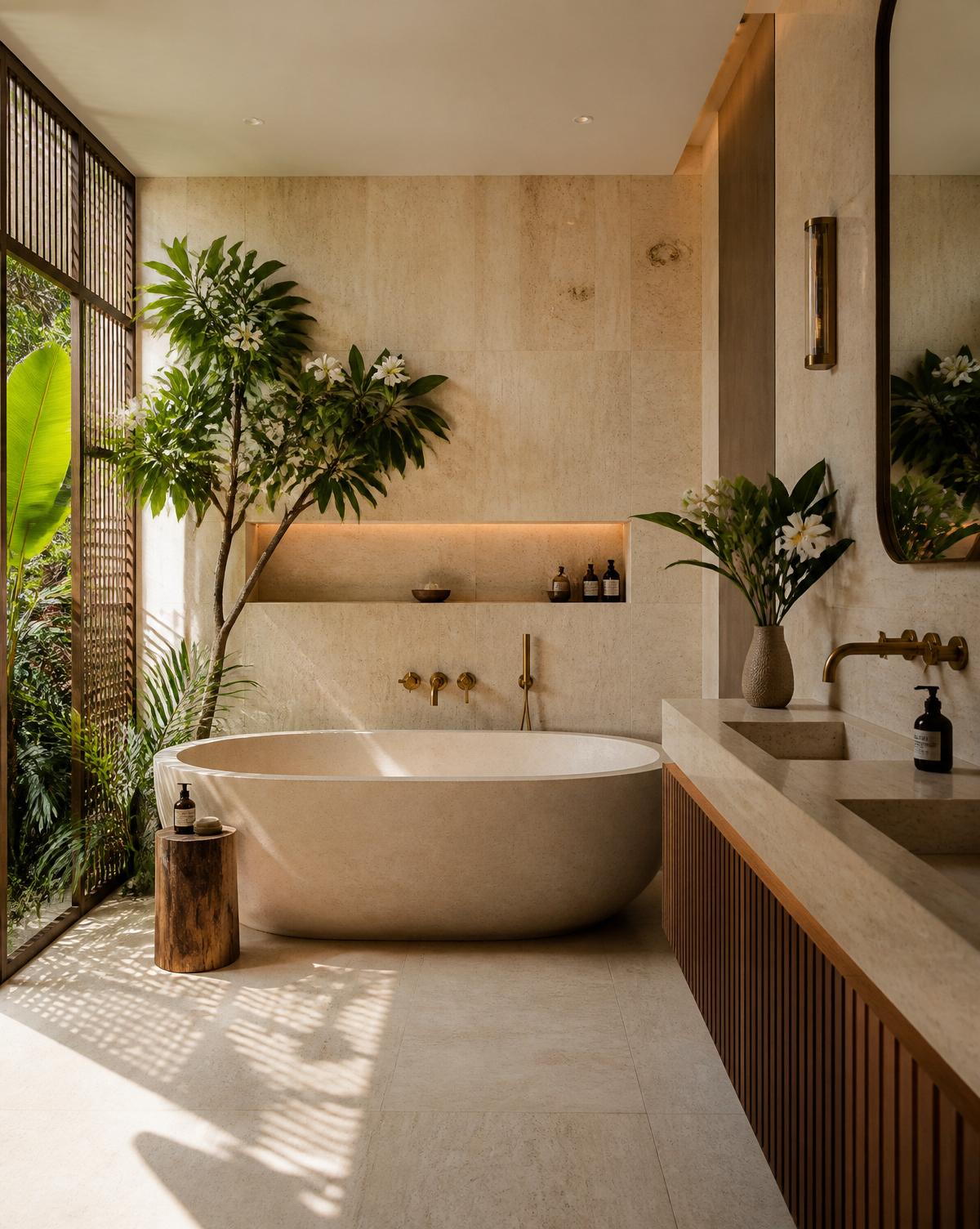 Travertine spa, brass & bloom