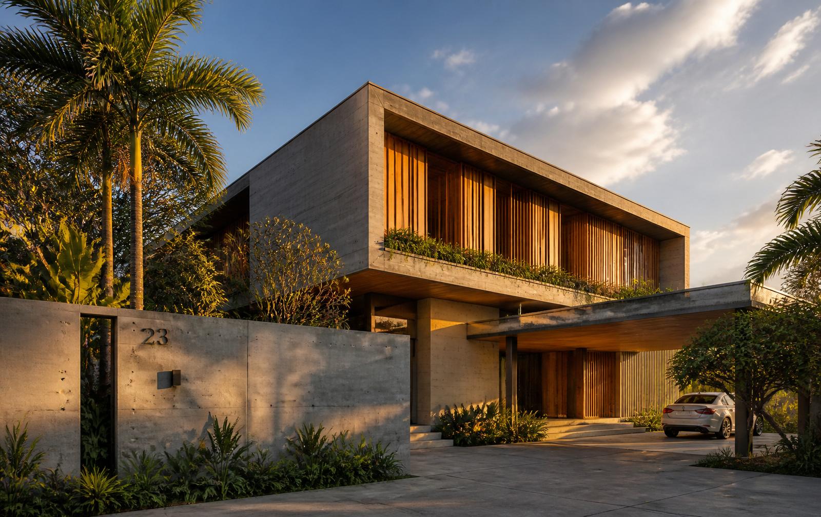 Bangalore modern villa exterior at golden hour