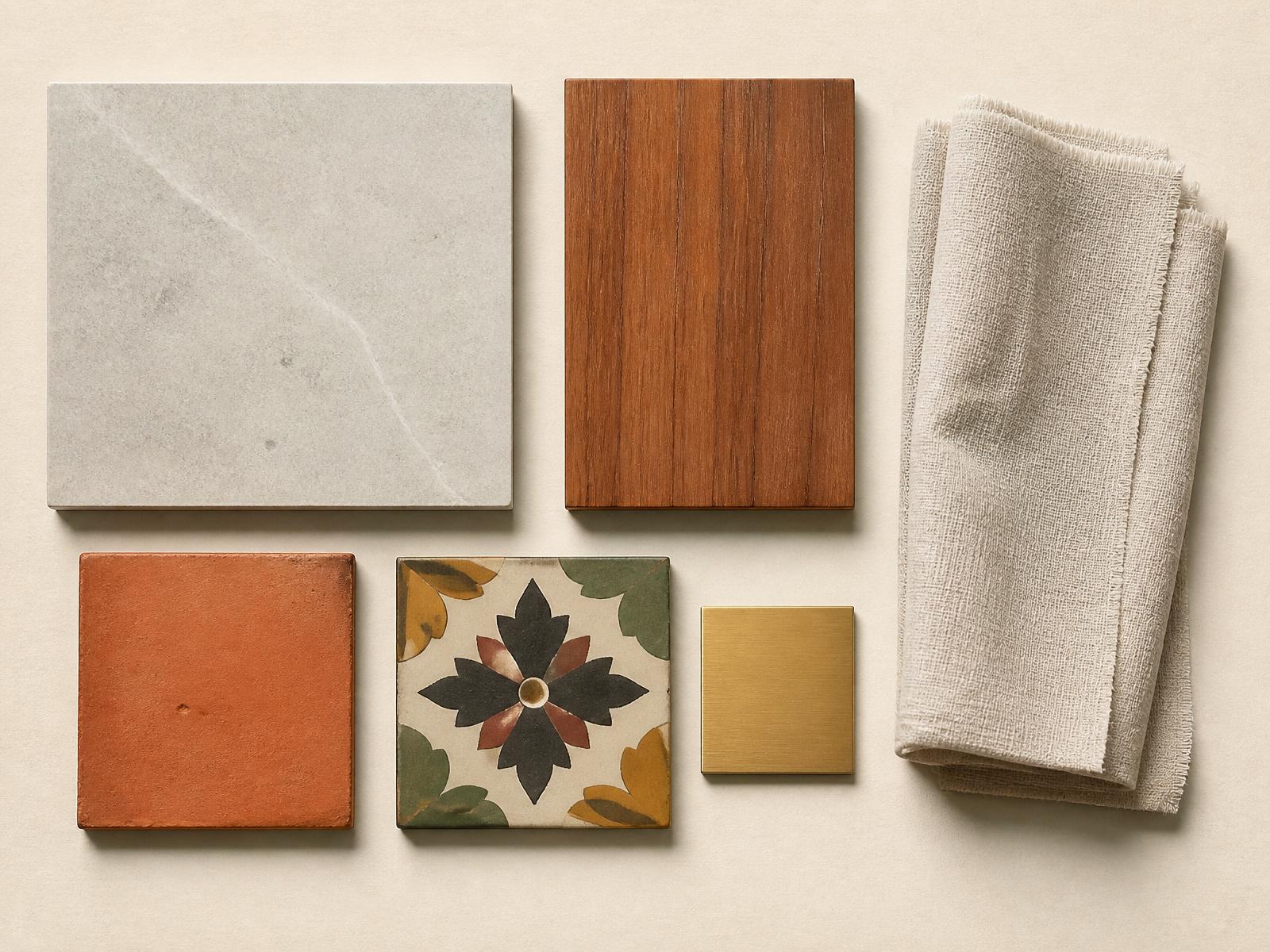 Kadapa, teak, terracotta, brass and athangudi material swatches